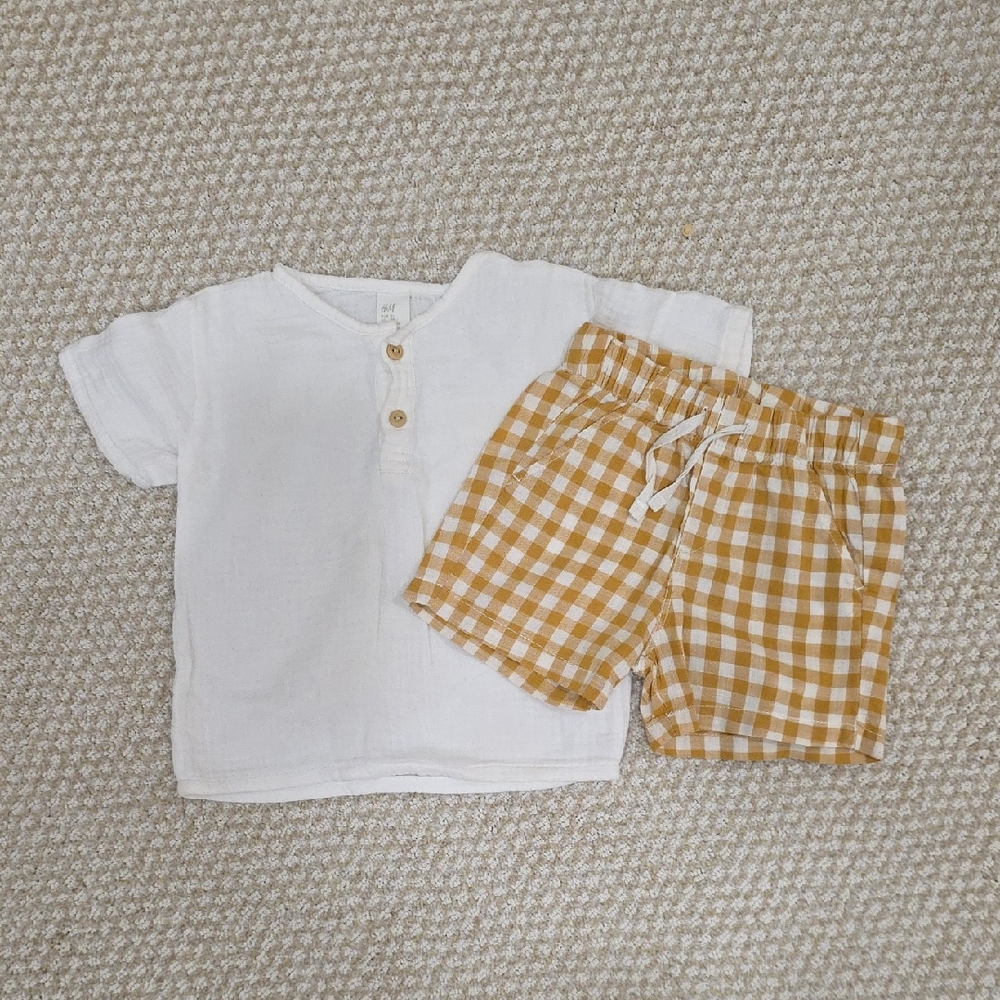 Golden Mustard Yellow Gingham Shorts + White Muslin Shirt